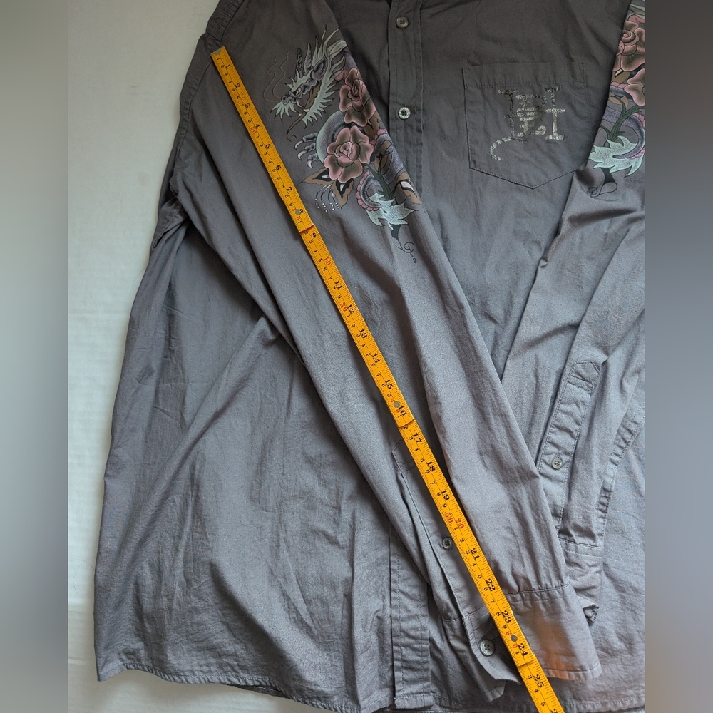 Vtg Ed Hardy Christian Audigier Floral Skull Kiss Of Death Men’s XL Grey - Picture 6 of 16
